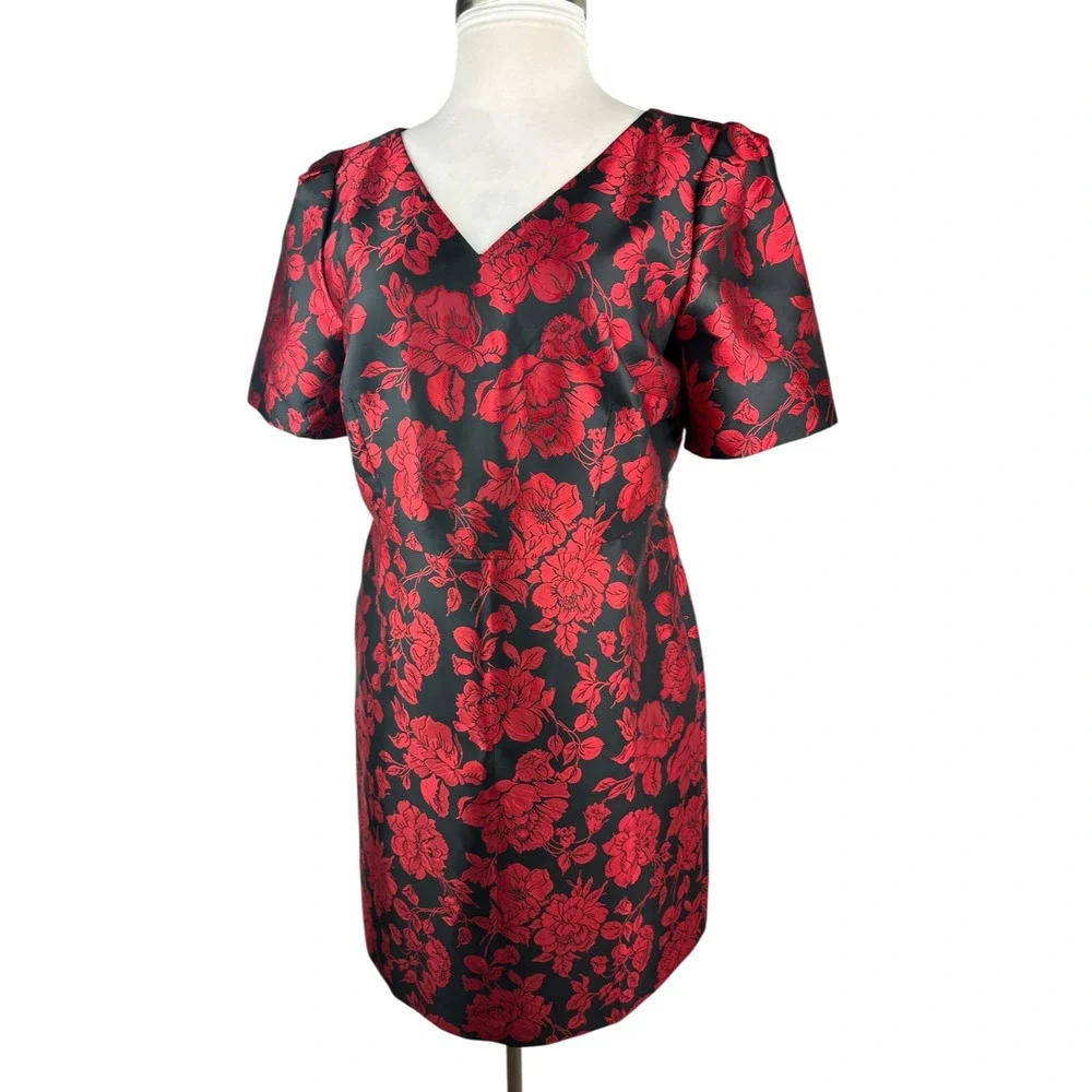 NWT Talbots Back Bow Floral Jacquard A-Line Dress Red Black Lined Zip Size 14 - Picture 3 of 16